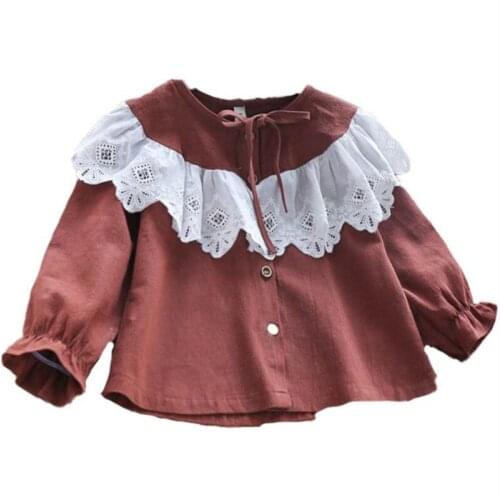 DFXD Toddler Girls Blouses 2018 Spring Autumn New England Style Cotton Long Sleeve Single-breasted Lace Spliced Shirt Kids Top