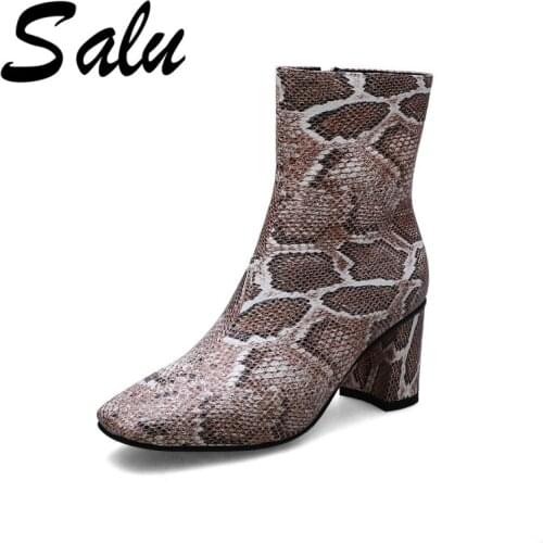 Salu Autumn Winter Fashion Sexy Pointed Toe square heel Women ankle Boots Animal Prints Pu Leather Zipper Party Shoes Woman