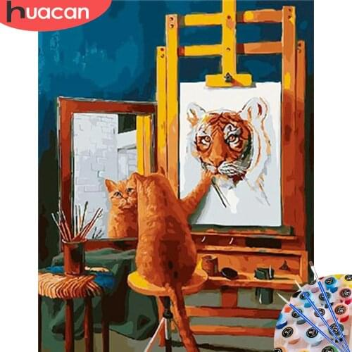 HUACAN Oil Painting By Numbers Cat Draw Tiger Animal On Canvas Wall Art HandPainted Set Home Decor DIY Gift