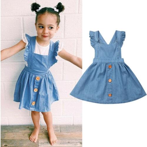 Summer Cute 1-6Y Toddler Baby Girls Bib Dress Denim Girls Ruffles Sleeve Shoulder-Straps Casual Cotton Backless Dress