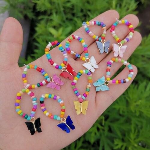 Ins Fashion Style Seed Beads Rings Resin Butterfly Charms Adjustable Rings Girl Sweet Cute Miyuki Beads Handmade Rings For Women