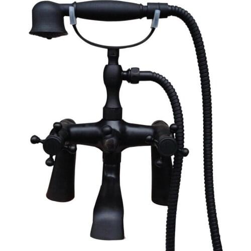Bathroom Black Oil Rubbed Bronze Deck Mounted Clawfoot Tub Filler Faucet Handshower Double Cross Handles atf702