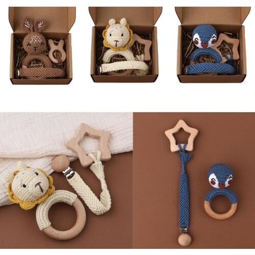 Infants Shower Gift Baby Pacifier Chain Clip Beech Teether Wooden Teething Ring Newborn Crochet Animal Rattle