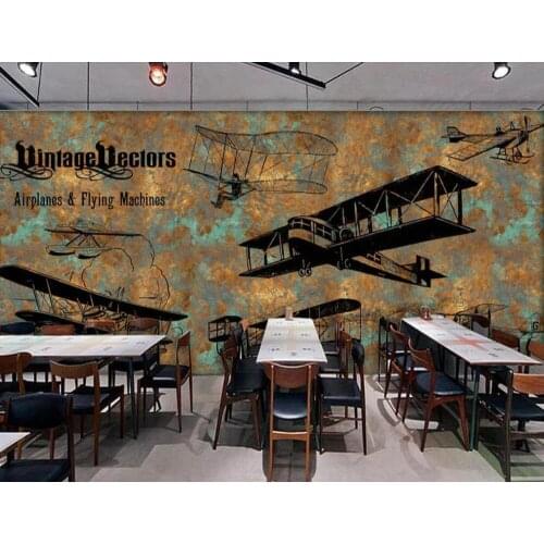Custom 3D mural wallpaper Europe and America retro hand-painted aircraft bar coffee shop background wall