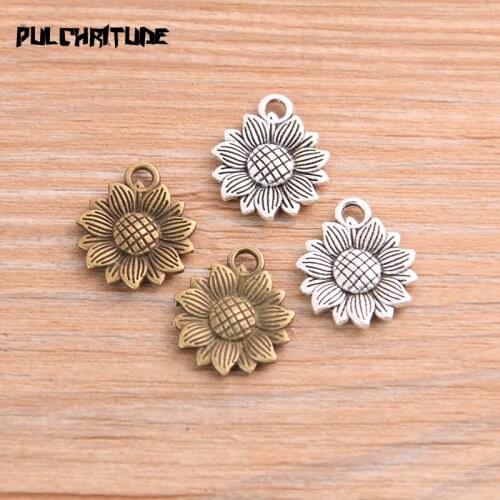 PULCHRITUDE 20pcs 15*18mm Metal Alloy Two Color Sun Flower Charms Plant Pendants For Jewelry Making DIY Handmade Craft