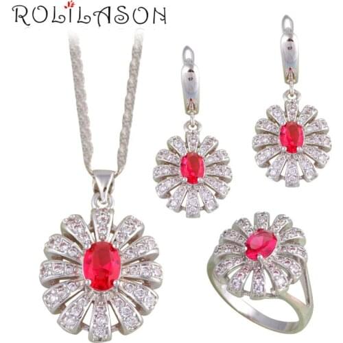 ROLILASON Wholesale&Retail Distinctive Rose Zircon Silver Stamped Sets Earring /Necklace/Pendant/ Rings Fashion Jewelry JS673