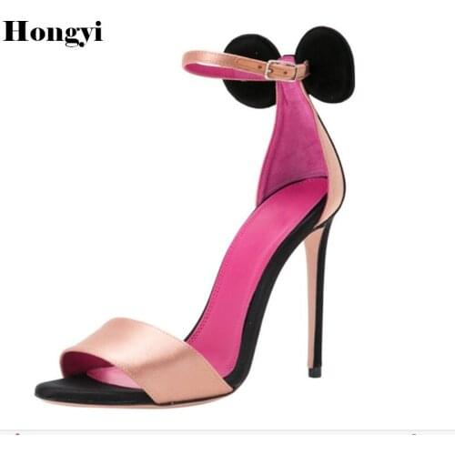 Gladiator Solid Ladies Thin High Heel Sandals Wome Sexy Sandal Pumps Satin Flock Bowtie Black Open Toe Stilettos Party Shoes