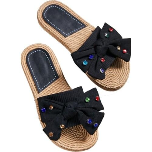 Women Flax Color Rhinestone Bow Slippers Summer Casual Slides Beach Shoes Ladies Indoor Linen Slippers Bohemia Sandals hy419
