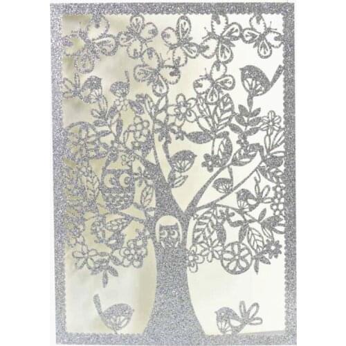 Glitter silver tree owl laser cut invitation pocket for wedding quinceanera party birthday anniversary