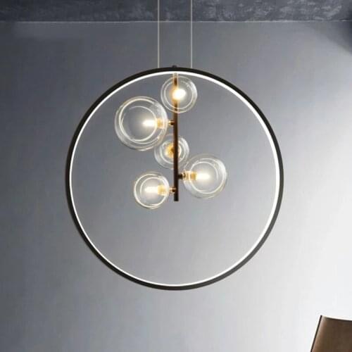 Modern Style LED Chandeliers Ring glass Ball Black Dining Living Room Bar Bedroom Ceiling Pendant Lamps Home Decoration Lighting