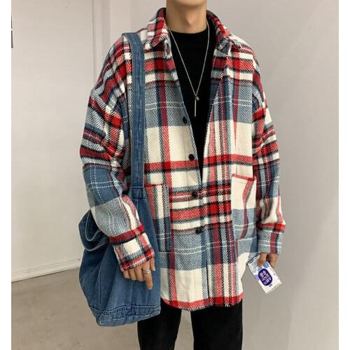 Korean Plaid Coat Mens Fashion Retro Casual Woolen Jacket Men Streetwear Wild Loose Autumn Woolen Coat Mens Overcoat M-2XL