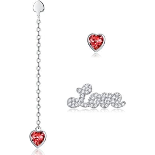 ZEMIOR Sterling Silver 925 Jewelry Asymmetry Letter LOVE Heart Earrings Red Austria Crystal Stud Earring For Women Party Gift
