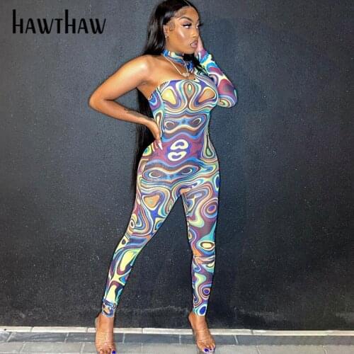 Hawthaw Women Fashion Summer One Shoulder Mesh See Through Printed Bodycon Jumpsuit Overall 2021 Female Clothing Streetwear