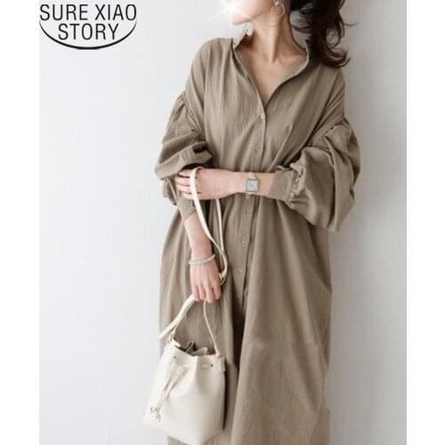 2021 Korean Chic New Breathable Comfortable Loose Long Dress Women Cotton Single Breasted Dresses Button-down Shirt Dress 12378