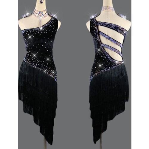 Latin Dress Women Dance Dress Black Tassel Dress Velvet Female Rumba Chacha Stage Perform Clothing Latin Dance Dresses VDB690
