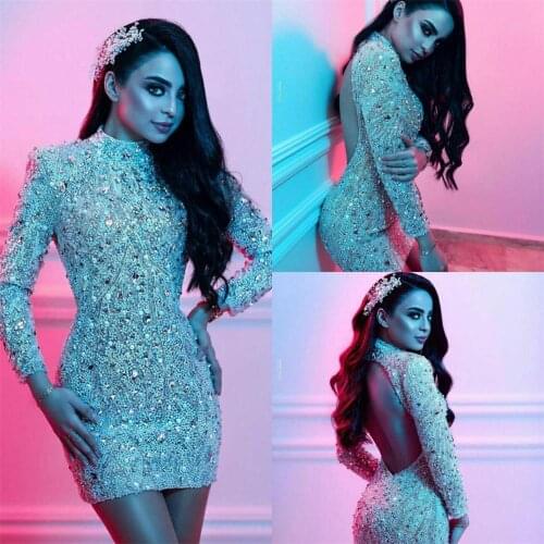 2020 Crystal Beaded Cocktail Dresses Long Sleeves High Collar Custom Made Backless Party Dress Short Prom Evening Gowns Club Wea