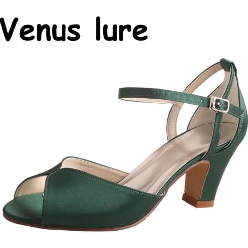 23 Colors) Chunky Heel Peep Toe Wedding Shoes for Bride Emerald Green