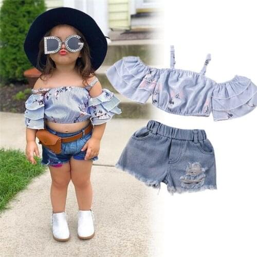 Free shipping Toddler Baby Girl clothes Off Shoulder striped strap Ruffle pullover short sleeve Top Denim Hole pocket Shorts 2pc