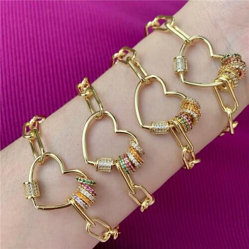 5Pcs, Fashion gold plating cz micro pave charm bracelet jewelry,cz micro pave heart clasp charm bracelet jewelry