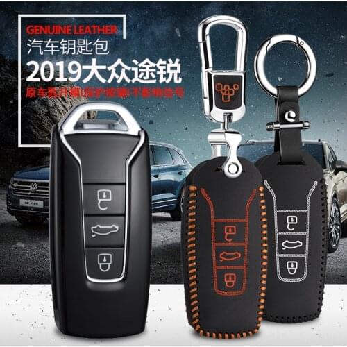 Car key case cover for volkswagen vw touareg 2018 2019 genuine leather remote keychain key chain ring holder leather