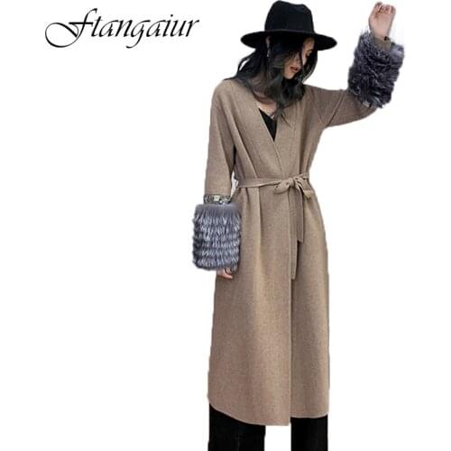 FTangaiur 2021 Winter Double-sided cashmere knit Wool Fur Coat Patchwork Fox Fur Sleeve Women X-Long Real Wool fur One Coats