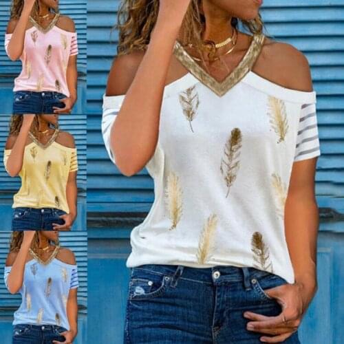 Womens Summer Sexy V-neck Off Shoulder Tops Feather Print Loose Short Sleeve T-shirt Casual Pullover Shirt Roupas Femininas