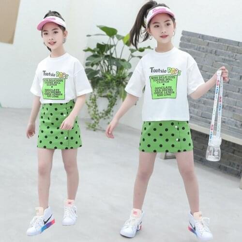 Summer Fashion Childrens Clothing Kids Clothes For Girls Cotton T Shirt + Polka Dot Short Skirt 2 PCS Sets Teen Girls Outfits