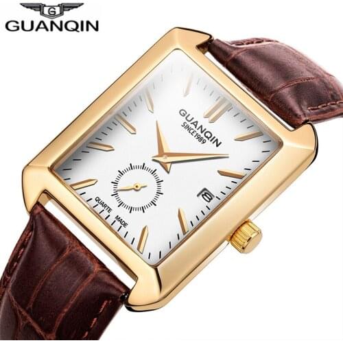 GUANQIN New Fashion Rectangle Watch men High end Quartz Watch Complete Calendar Small second dial Leather band Relogio masculino