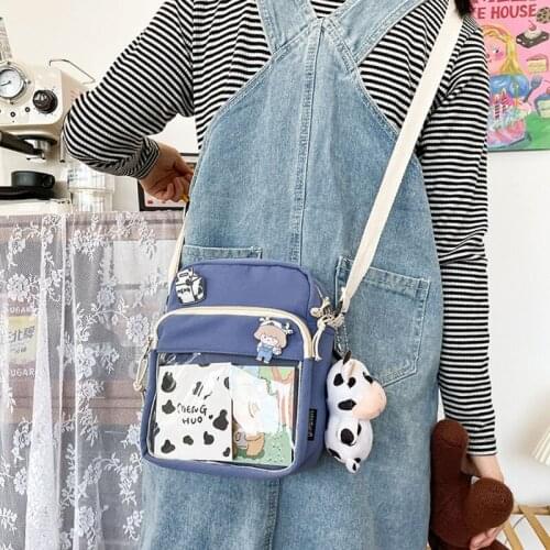 2021 New Harajuku Cow Pattern Canvas Bag Women Shoulder Messenger Girls Transprant Crossbody Bags with Cute Pendant