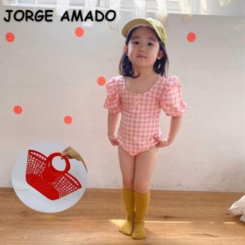 2021 New Korean Style Summer Teenagers Girls Swimwear 3-Pcs Sets Plaid Swimsuit + Basket + Headwear Children Clothes E1026