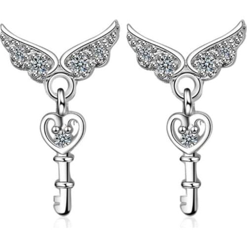 New Arrival Fashion Temperament Exquisite 925 Sterling Silver Jewelry Angel Wings Key Shaped Women Stud Earrings SE634