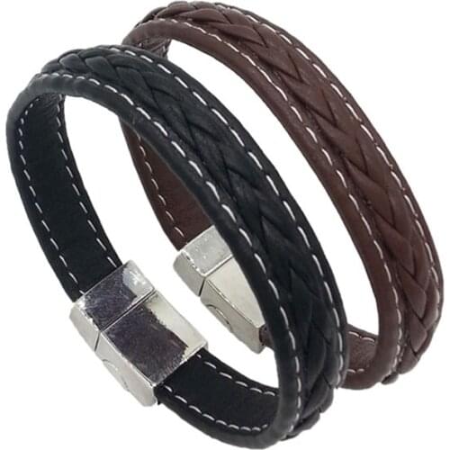New Fashion Hand-Woven Leather Magnet Buckle Bracelet Charm Bracelets For Men Bangles Wrist Band Boy Gift