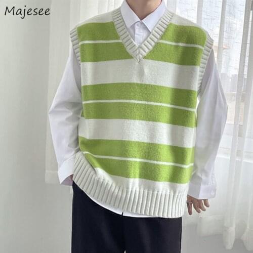 College Striped Casual Vests Men Couples Simple Panelled Chic Sleeveless Knitwear Male V-neck Retro High Street Multi Colors DK