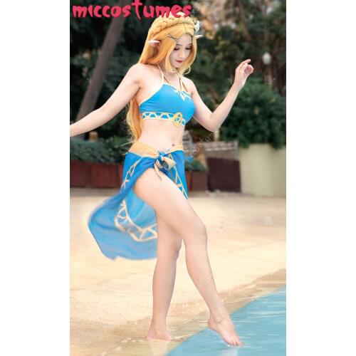 Princess Dereviated Halter Bikini Split Swimsuit Swimming Pants Swimwear Bodysuit Bathing Suit Outfit Cosplay Costume with Veil