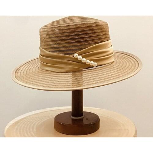 Tri-fold belt Pearl decoration flat top PP material sunscreen beach fashion hat flat along grass Transparent hat