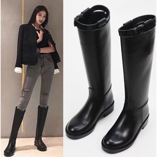 Knee-High Long Tube Zipper Boots Fashion Belt Buckle Strap Long Boots Winter Lace-Up Shoes Women Pure Color High-Heeled Women