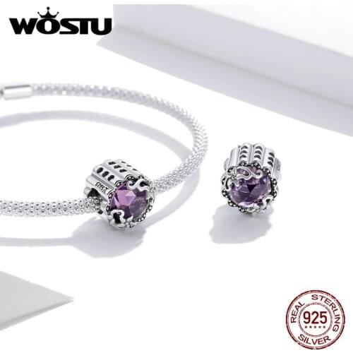 Wostu Vintage 925 Sterling Silver Purple Glass - Colored Stone Zircon Pattern Round Bead Charm Fit Bracelet DIY Jewelry DXC1796