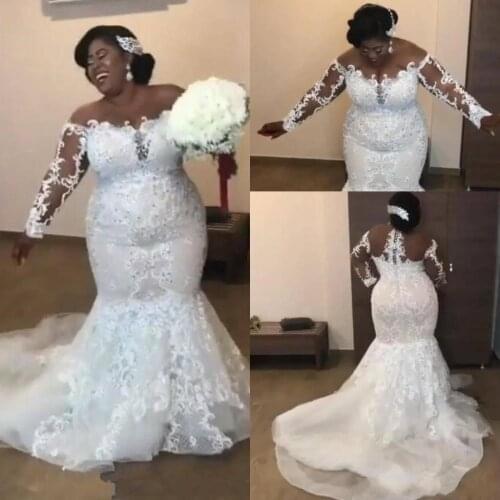 Vintage African Mermaid Long Sleeve Mermaid Wedding Dresses Plus Size See Through Back Sweep Train Lace up Back Bridal Gowns