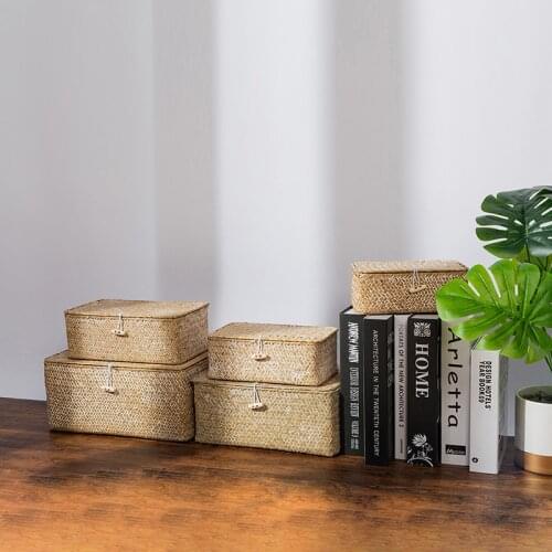 Woven Storage Baskets Natural Seagrass Laundry Basket Rectangular Storage Container with Lid Sundries Organizer Home Box