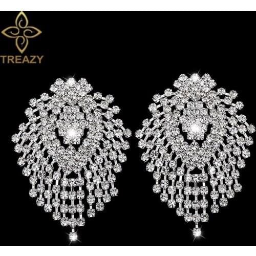 TREAZY Fashion Statement Tassel Earrings for Women Sparkling Rhinestone Crystal Large Dangle Earrings Bridal Wedding Jewelry