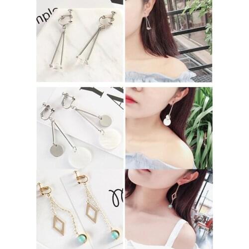 GRACE JUN Top Quality Geometrc Clip on Earrings for Women Fashion Charm Rhinestone Crystal Shell No Pierced Earrings 19 Colors