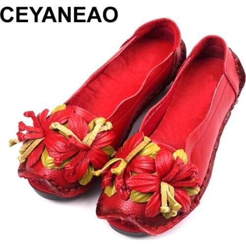 CEYANEAO New National Wind Flowers Handmade Genuine Leather Shoes Women Retro Soft Bottom Flat Shoes Summer Canvas Ballet Flats