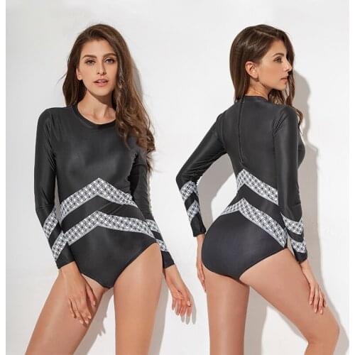 Women UV Sun Protection Long Sleeve Rash Guard Back Zip Wetsuit Swimsuit One Piece Striped Printed Swimwear Body Sun Suit