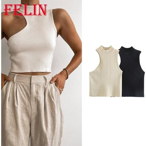 FELIN Summer Women Tank Top Fshion New Vintage Solid Sleeveless Asymmetric Knitted Za Vest Girls Casual Chic Mujer Blouse