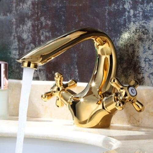 Gold Brass handle Bathroom Sink Faucet Unique design Deck Mounted copper Lavatory Faucet Cold and hot water Mixer Tap
