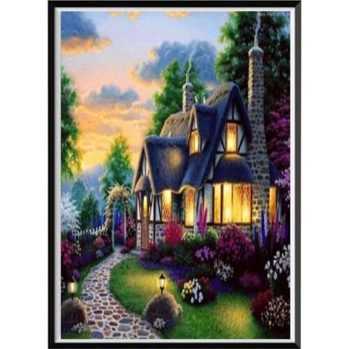 5D DIY diamond painting landscape cottage round diamond mosaic, home decoration, handmade wall decoration