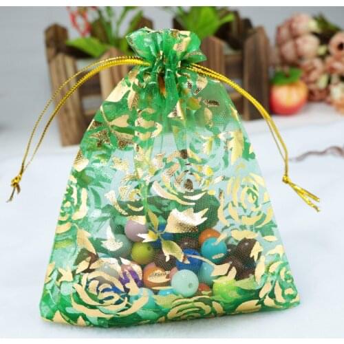 Free Shipping 100pcs 9x12cm Dark Green Organza Bags Rose Design Gift Bag Small Wedding Jewelry Candy Gift Packaging Bags Pouches