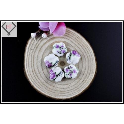 10pcs Flower Handmade Printed Porcelain Ceramic Beads 15mm For DIY Jewelry Making Flat Purple Flower Hole: 3mm