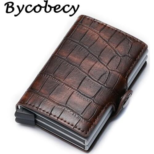 Bycobecy 2020 RFID PU Leather Credit Card Holder New Aluminium Double Box Men And Women Metal RFID Vintage Travel Card Wallet
