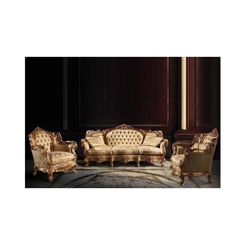 Villa living room combination sofa neoclassical solid wood carving cloth sofa European gold foil three person settee